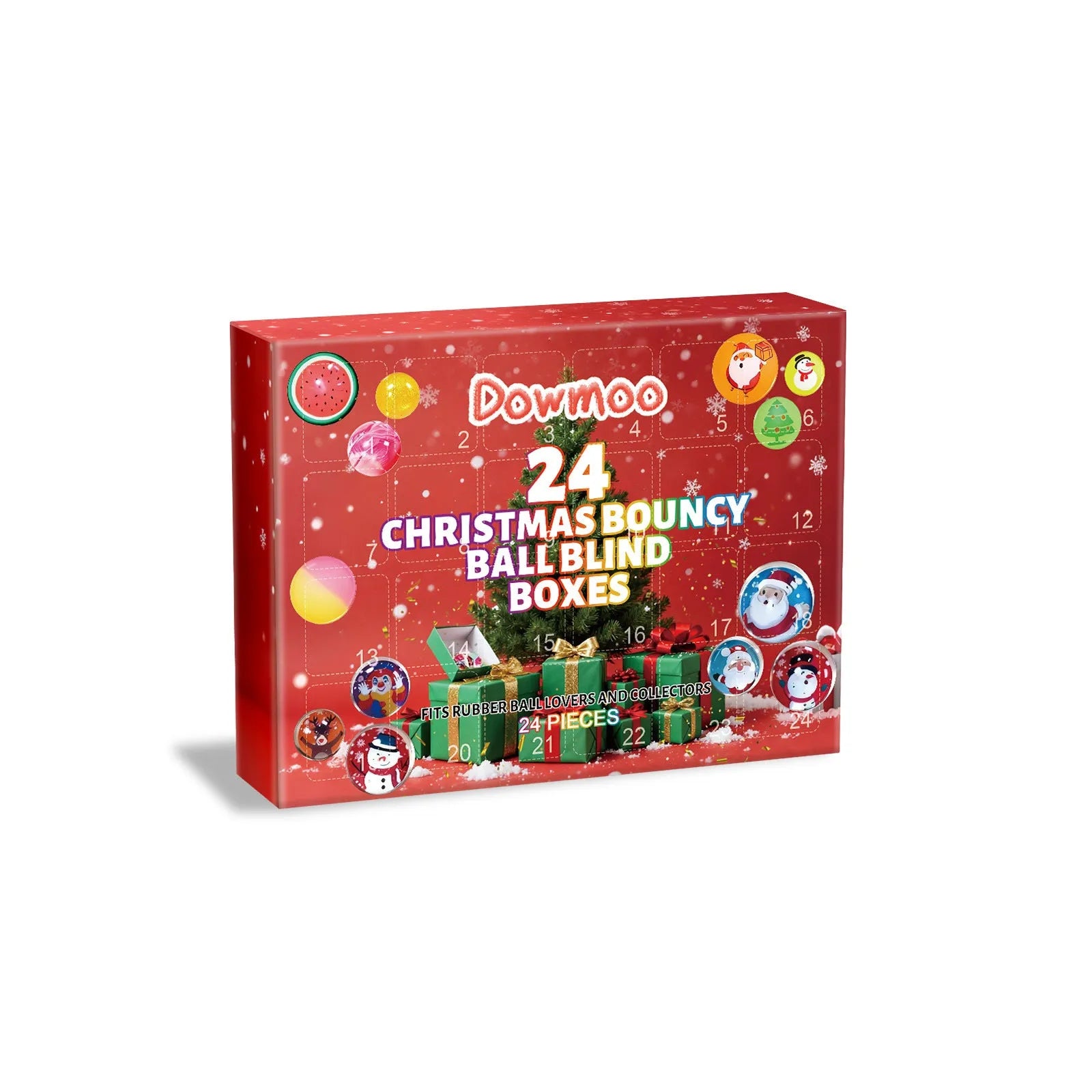 24 Christmas bouncy ball blind boxes stacked together, each in festive packaging, on a light background.