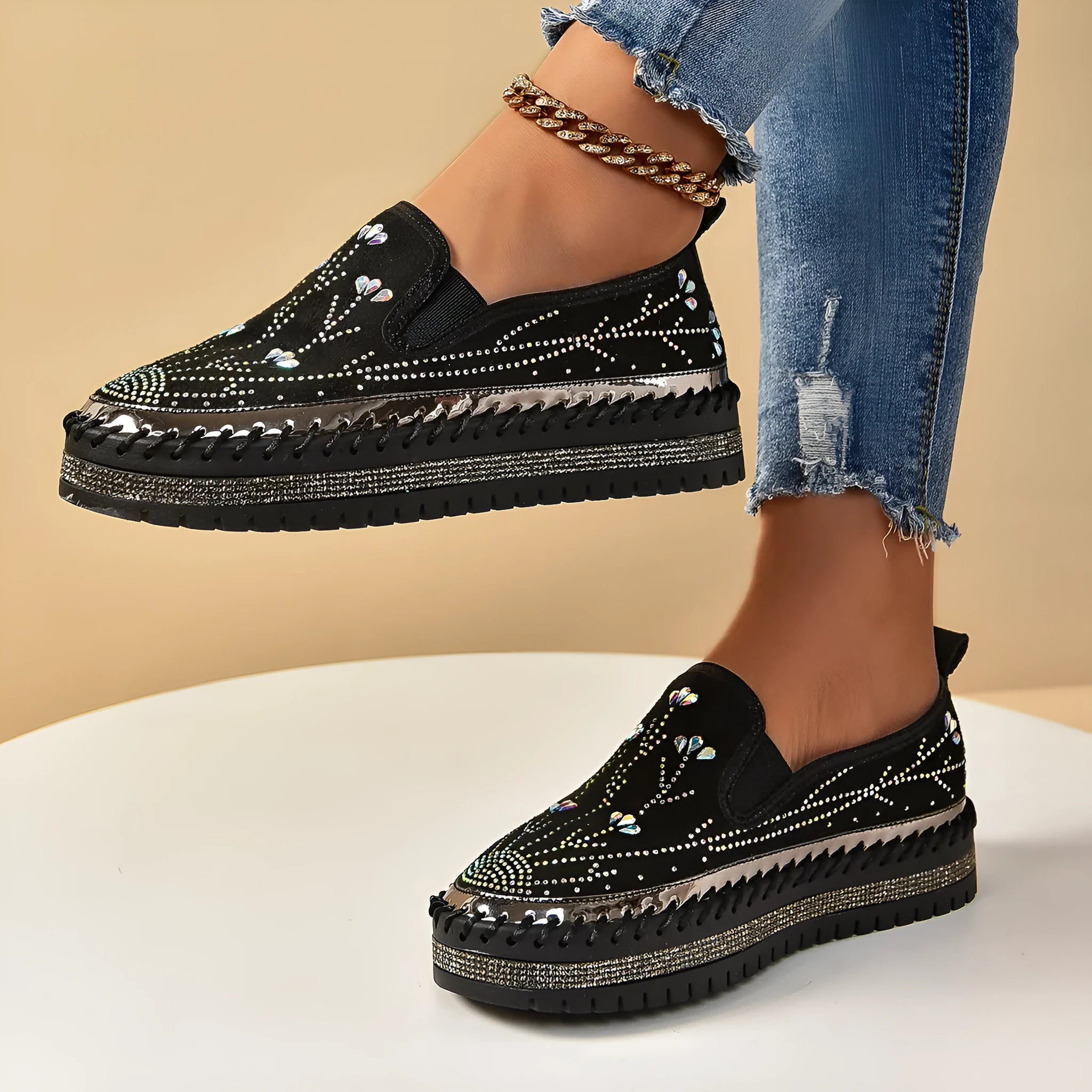 Casual slip-on sneakers with rhinestone platform thick bottom suede upper round toe mid heel