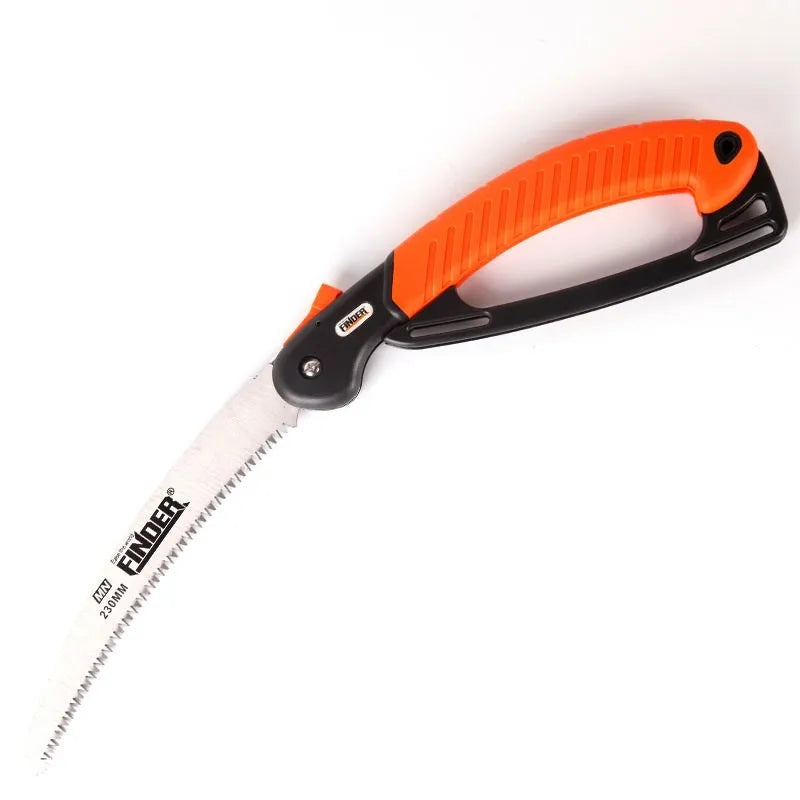 A closed and open view of a folding hand saw with a black TPR grip and a silver 65MN steel blade.
