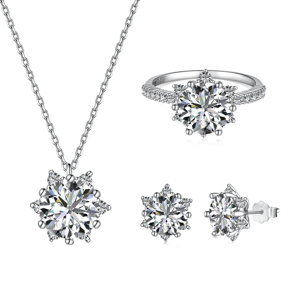 S925 sterling silver snowflake jewellery set with clavicle necklace, ring and ear studs in silver