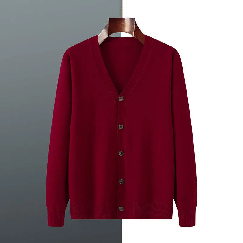 Man wearing beige Andy velvet v-neck cardigan coat with loose fit and long sleeves