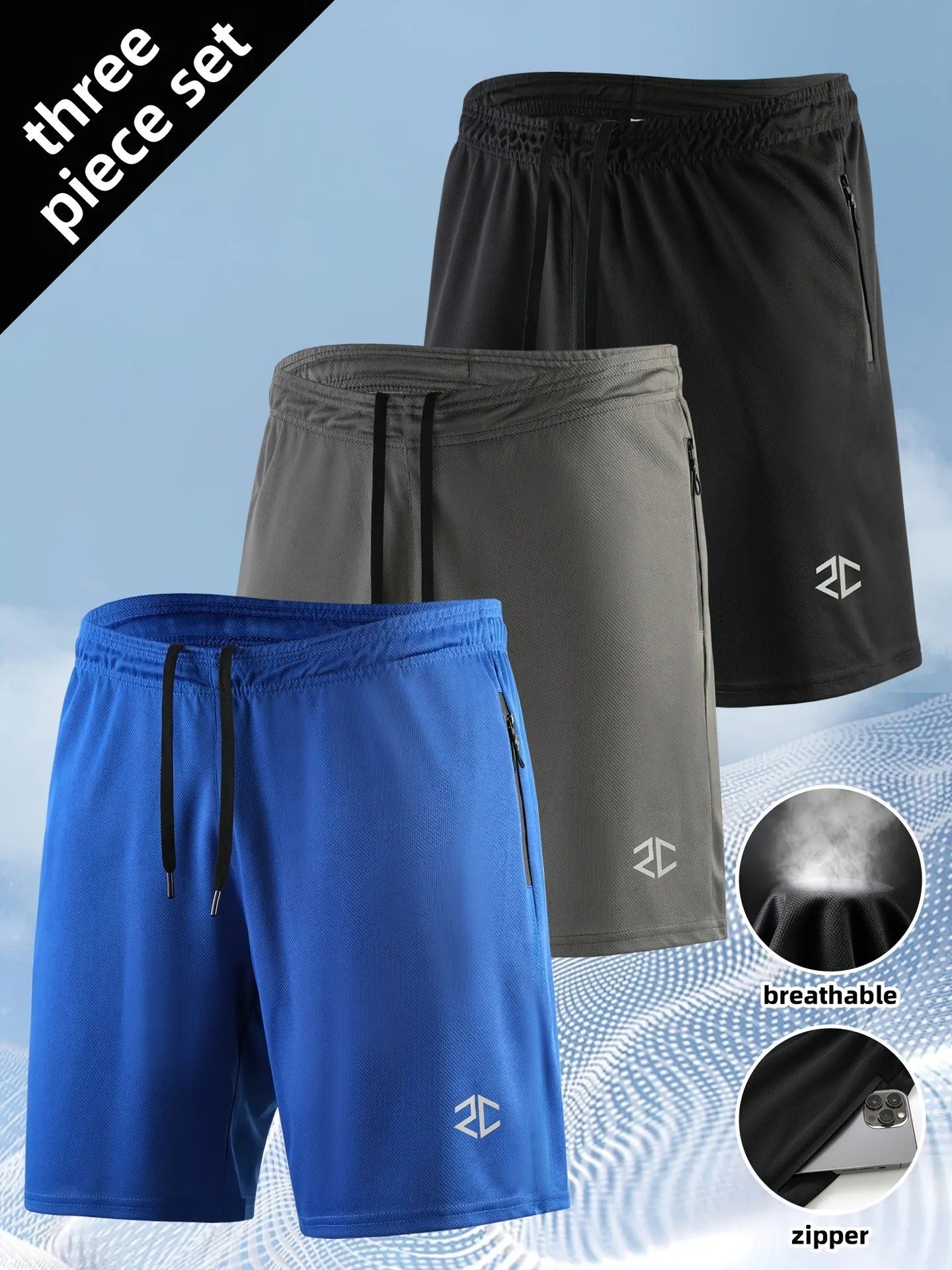 Men's quick-drying polyester cotton blend outdoor training shorts with zipper pocket, five-point length, mid waist, colour black, side view