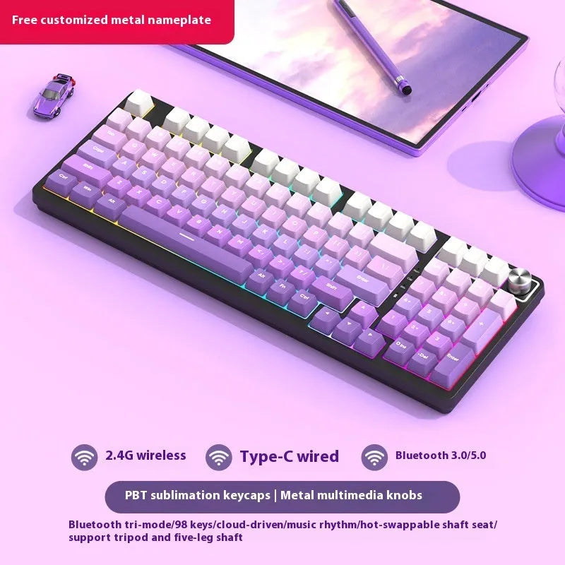 98-key wireless Bluetooth mechanical keyboard kit with metal knob on desk