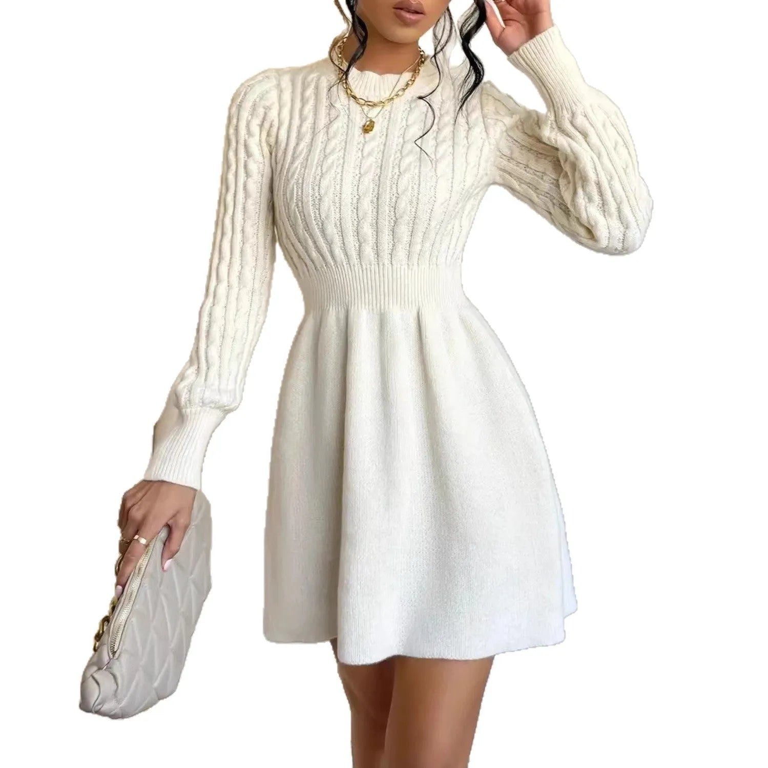 Korean-style waist-defining dress with round neck and twisted knit base in cream colour