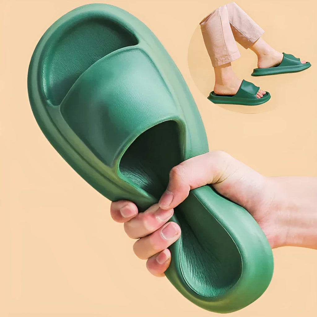 Pair of thick-soled EVA flip flop slippers in a colour option, showing non-slip tread pattern.