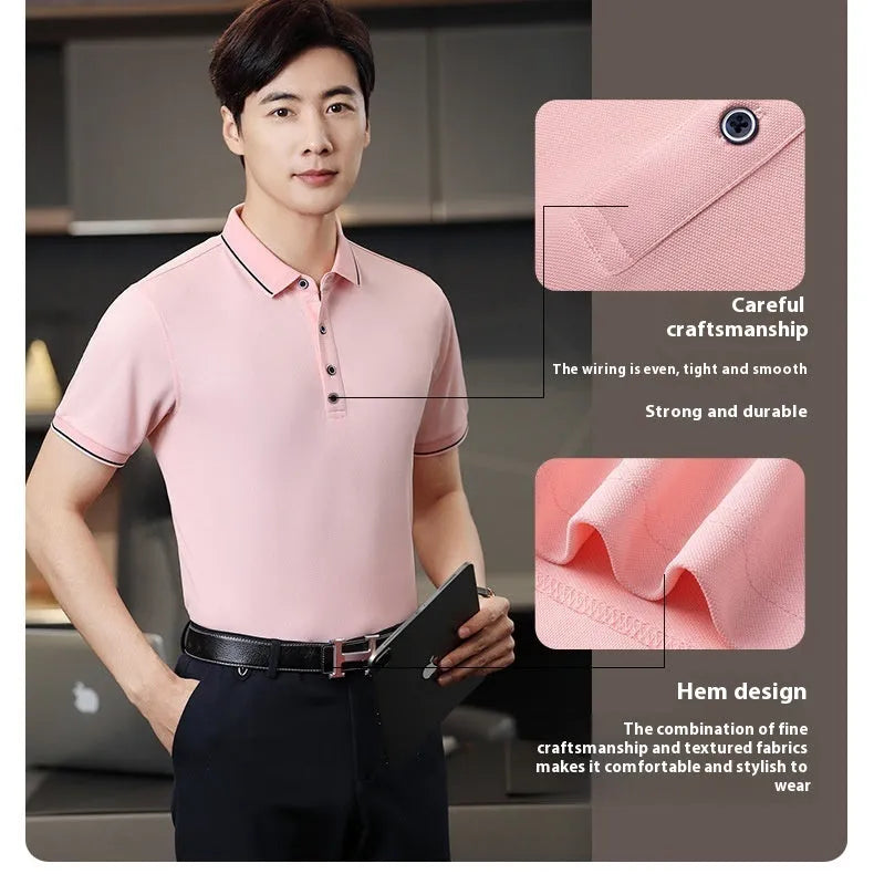 Beautician short-sleeved polo work shirt in cool silk cotton with asymmetric colour-block pattern