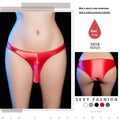 Men's low waist T-back underwear in shiny nylon fabric on a colour swatch showing black, white, pink, red, and dark grey.