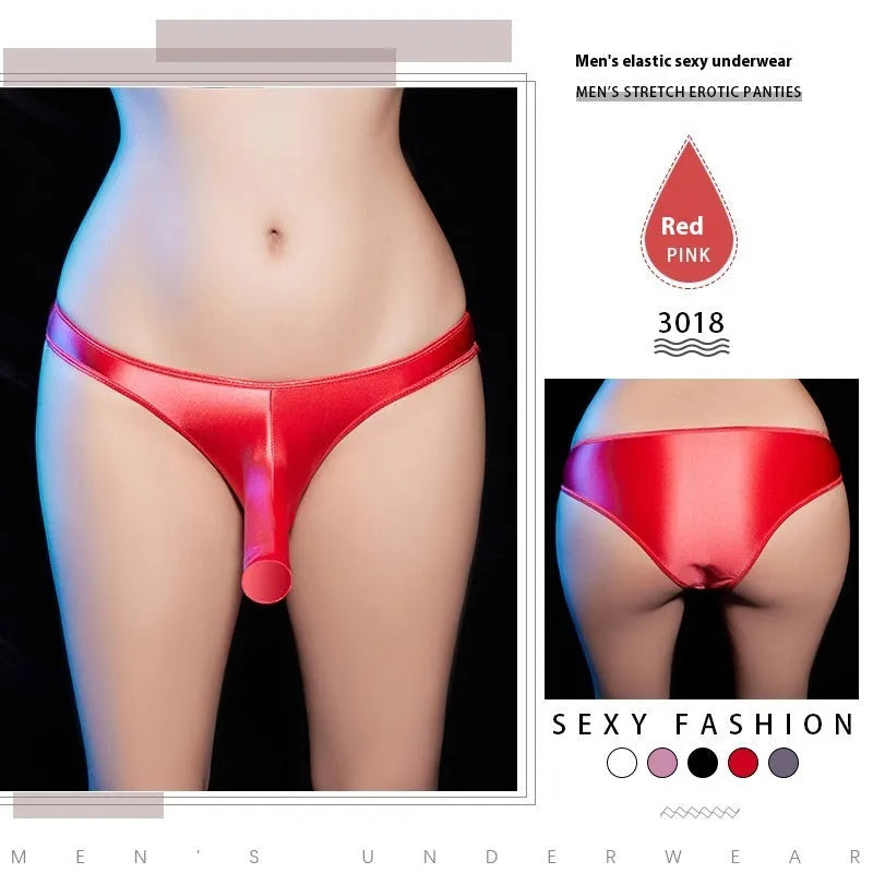 Men's low waist T-back shiny nylon underwear in black, shown on a model.