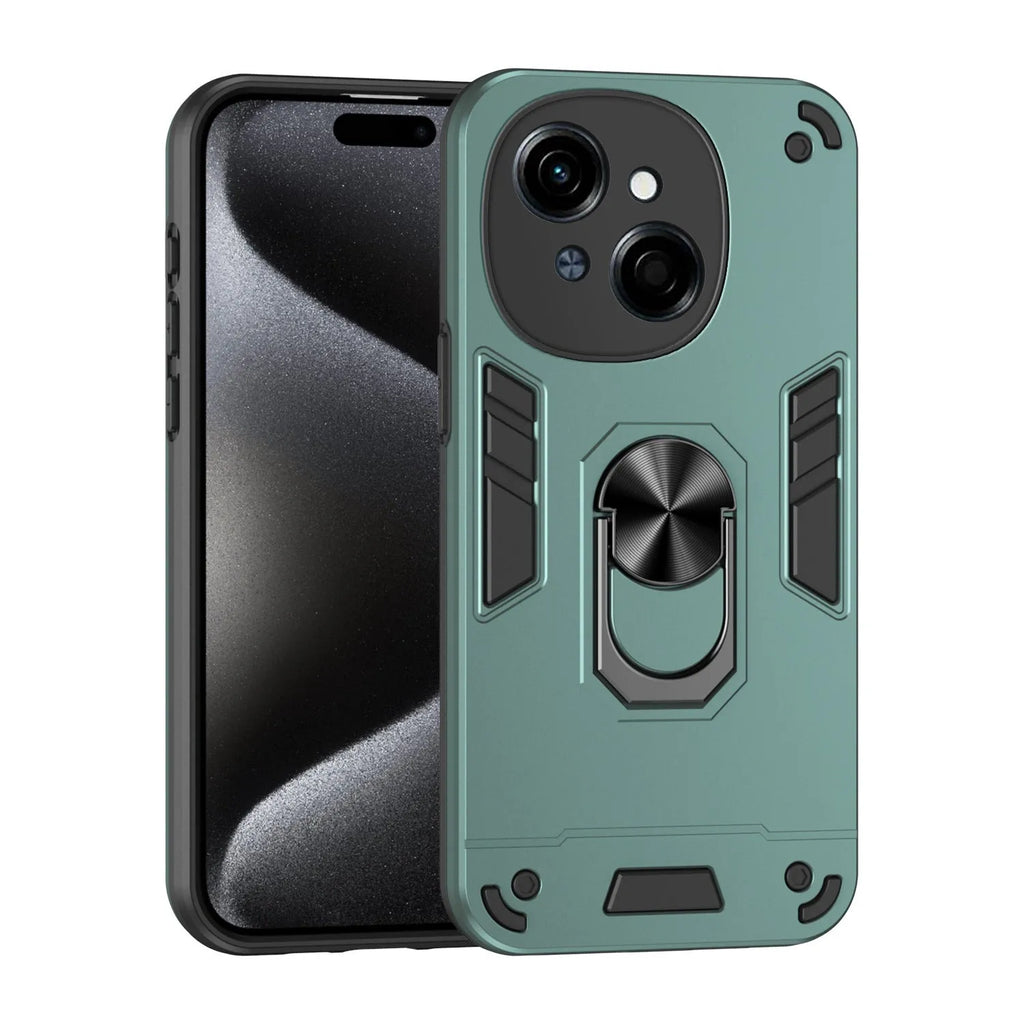 PC phone case with 360 bracket for Tecno models in black, blue, and green, back cover with anti-fall airbag corners