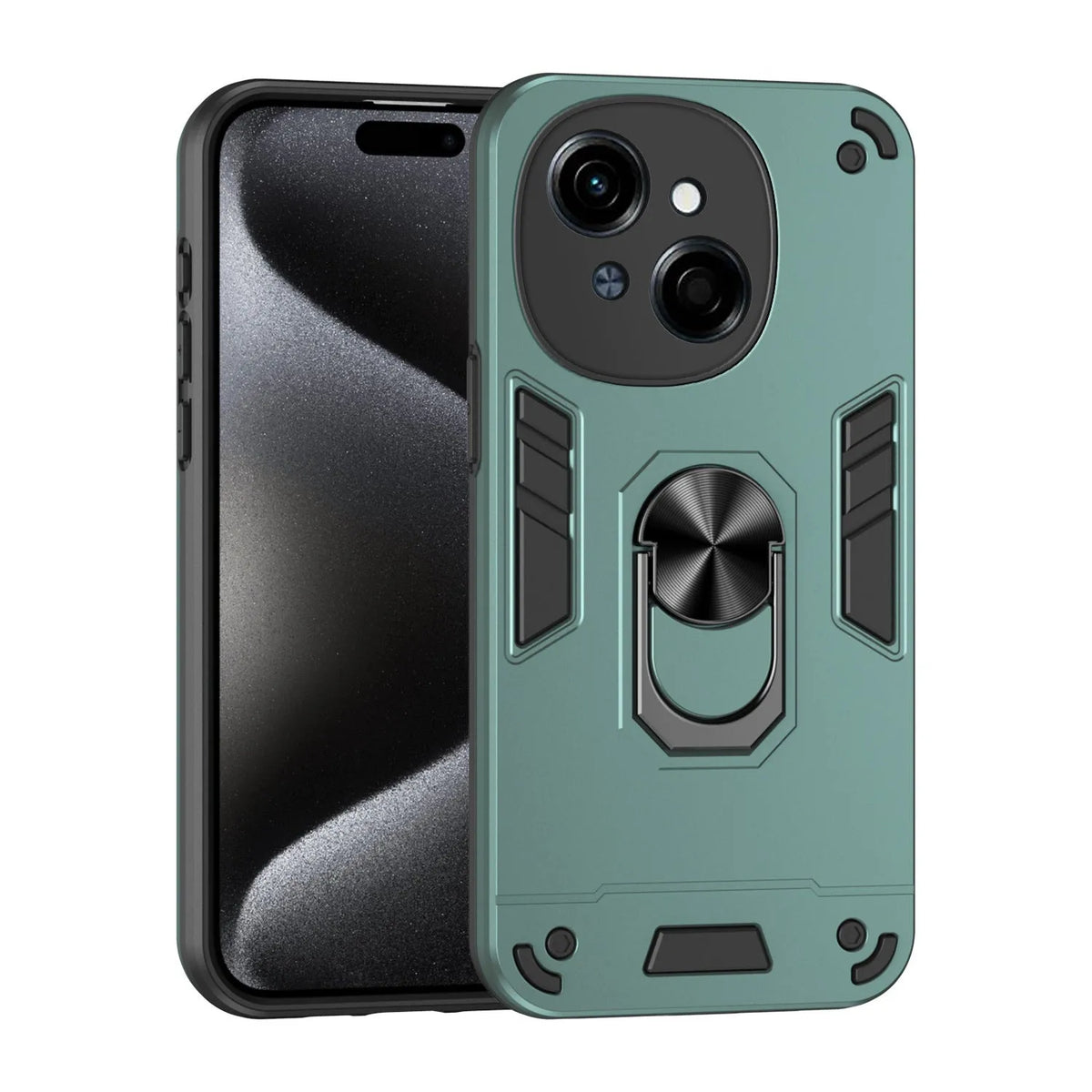 PC phone case with 360 bracket for Tecno models in black, blue, and green, back cover with anti-fall airbag corners