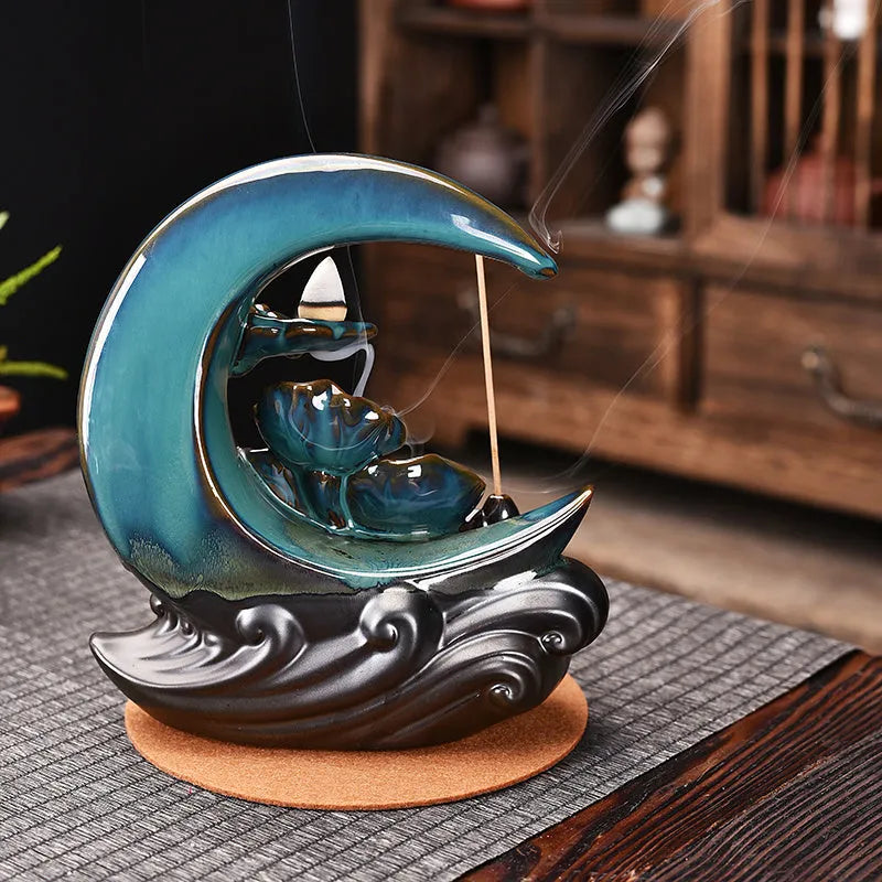 Monochrome glazed porcelain backflow incense burner holder, handmade Chinese abstract ornament for incense, colour A or B