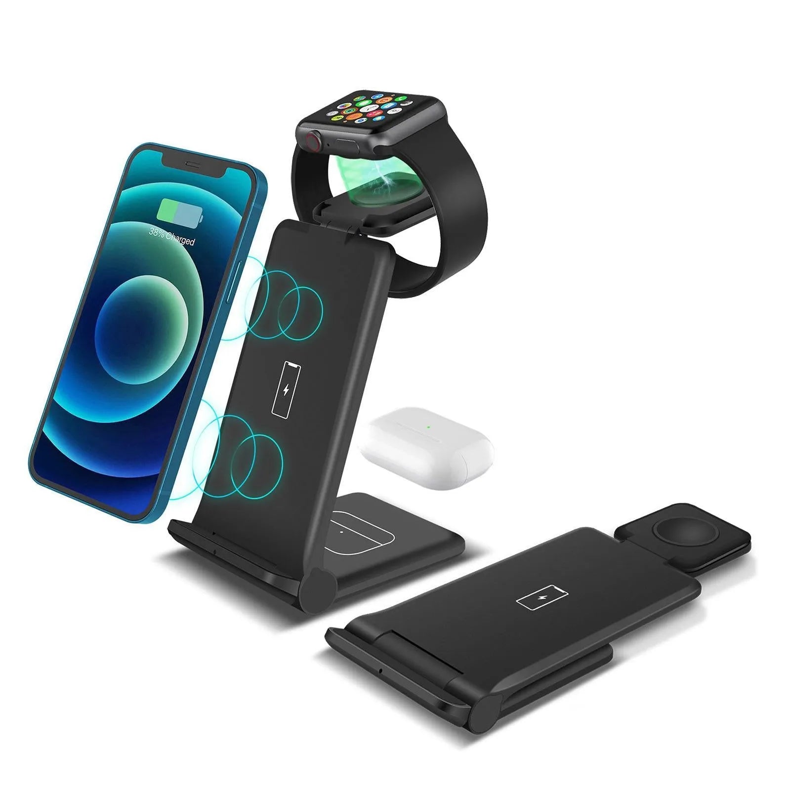 White 3-in-1 wireless charging station dock for iPhone, Apple Watch and AirPods with foldable design