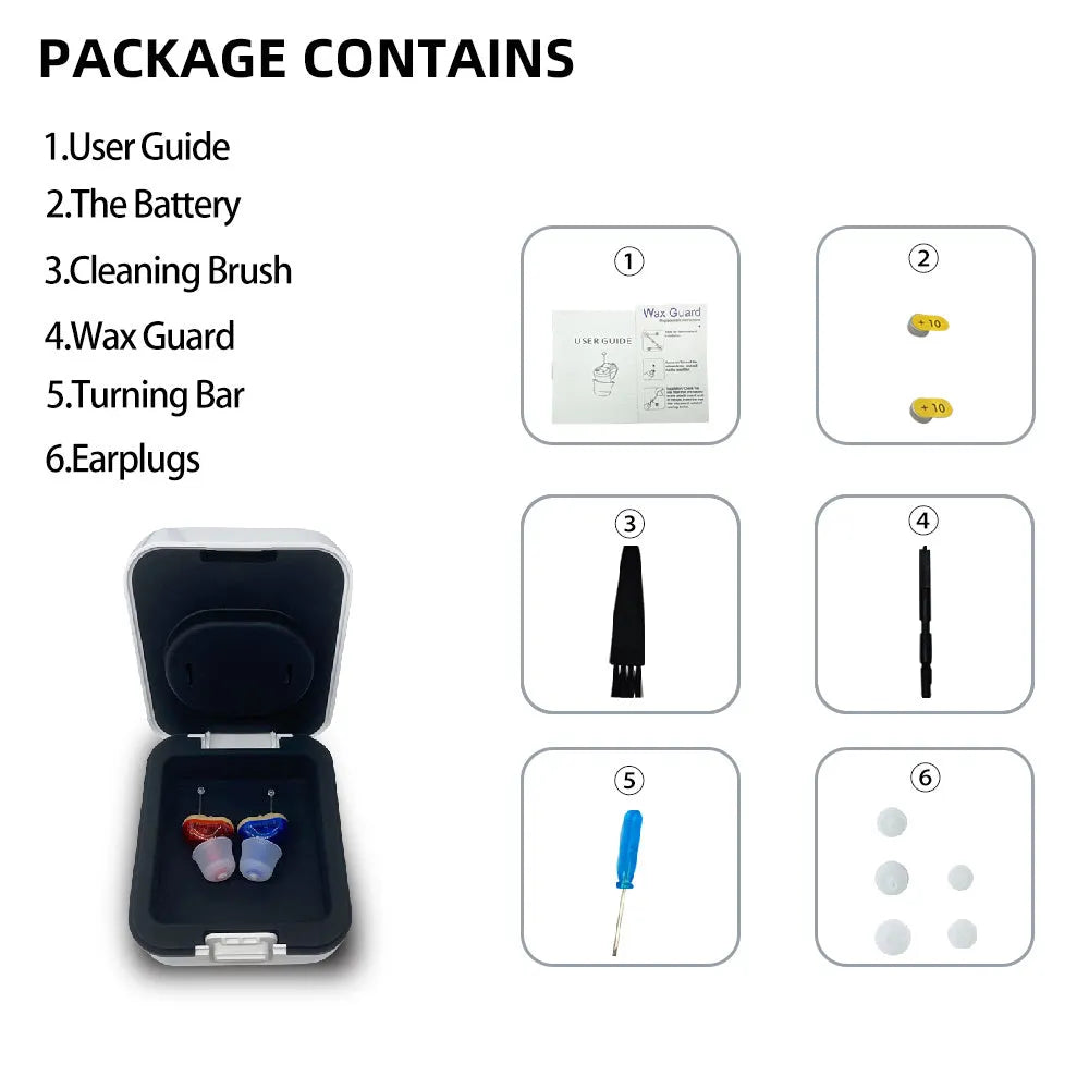 Q10 CIC hearing aid in red and blue colours with automatic calibration for discreet hearing assistance