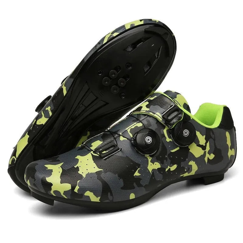 Unisex road bike cycling shoes with lock, breathable lightweight, shown in black, white, red, and camouflage colours.