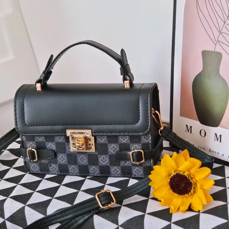 A retro-style apricot PU crossbody bag with a square shape, decorative stitching, and a visible file compartment inside.