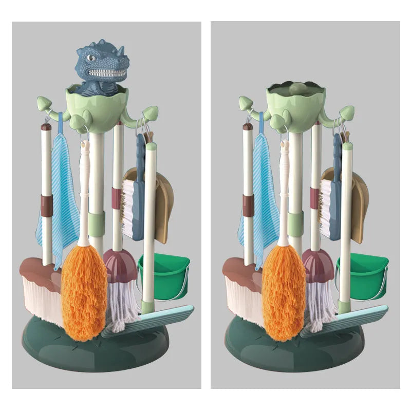 Green children's dinosaur broom and mop set for ages 3 to 6, easy to assemble