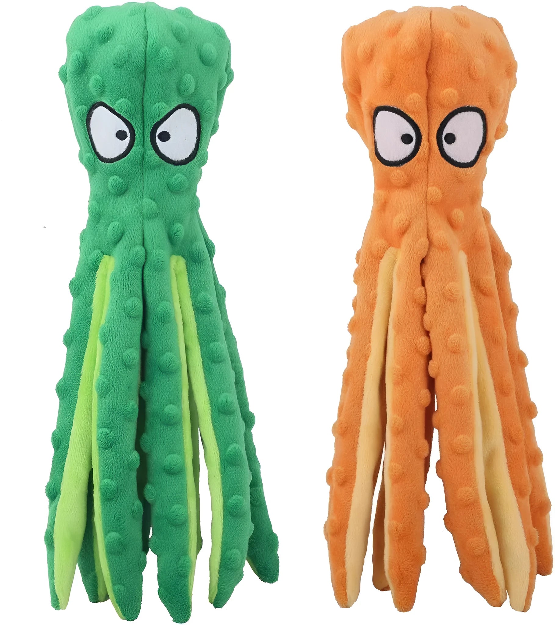 Blue octopus-shaped dog chew toy with tentacles, no stuffing, crinkle and squeaker sounds