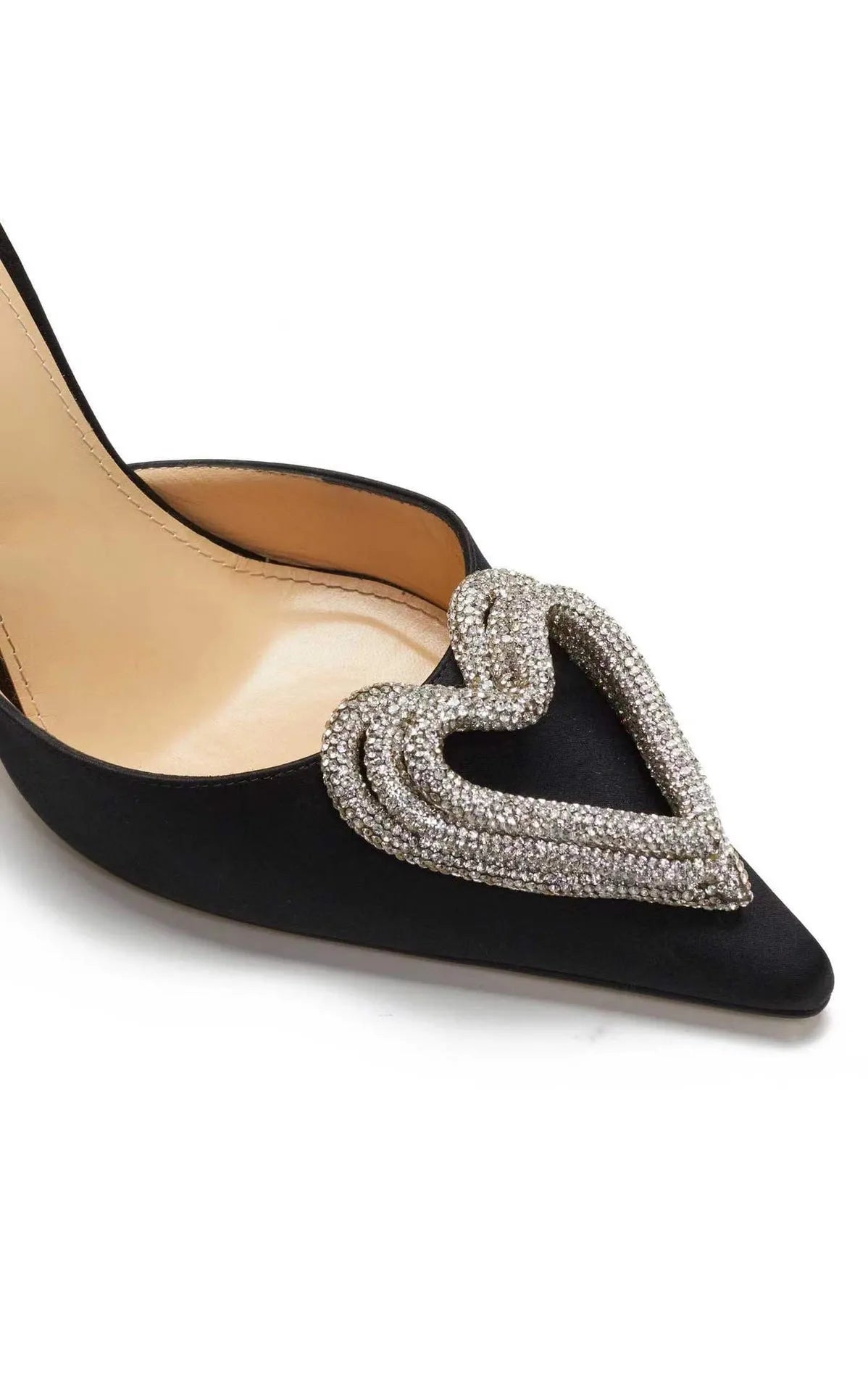 Women's pink satin sandals with heart-shaped rhinestone and cross-belt ankle strap on a pointed toe.