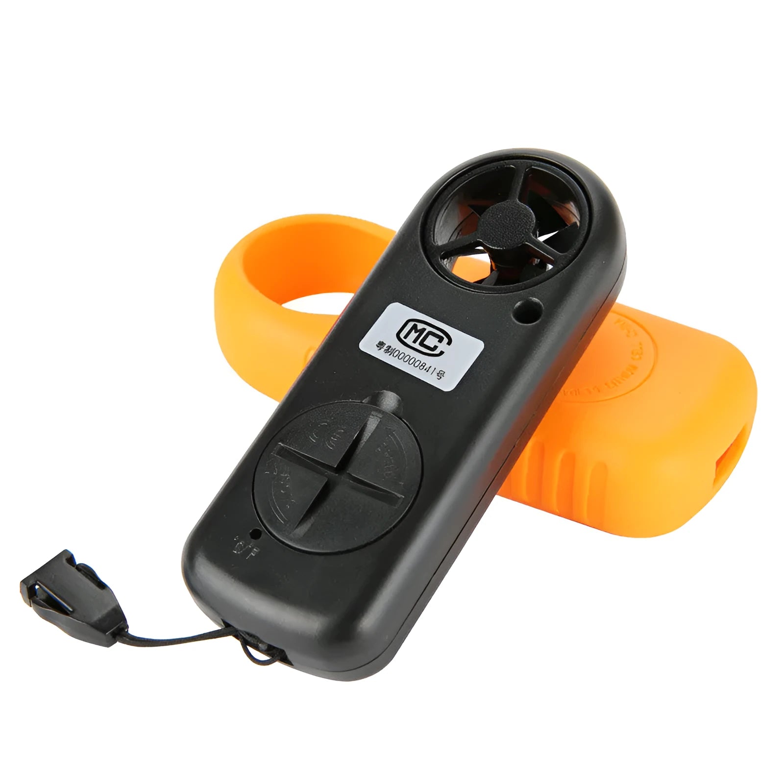 Orange digital portable anemometer wind speed measuring instrument showing compact size.