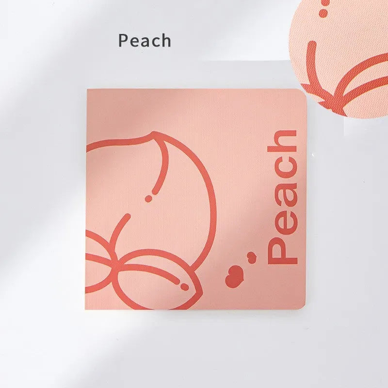 Square notebook with embossed fruit cover design showing 14.5cm dimensions and thickened paper pages