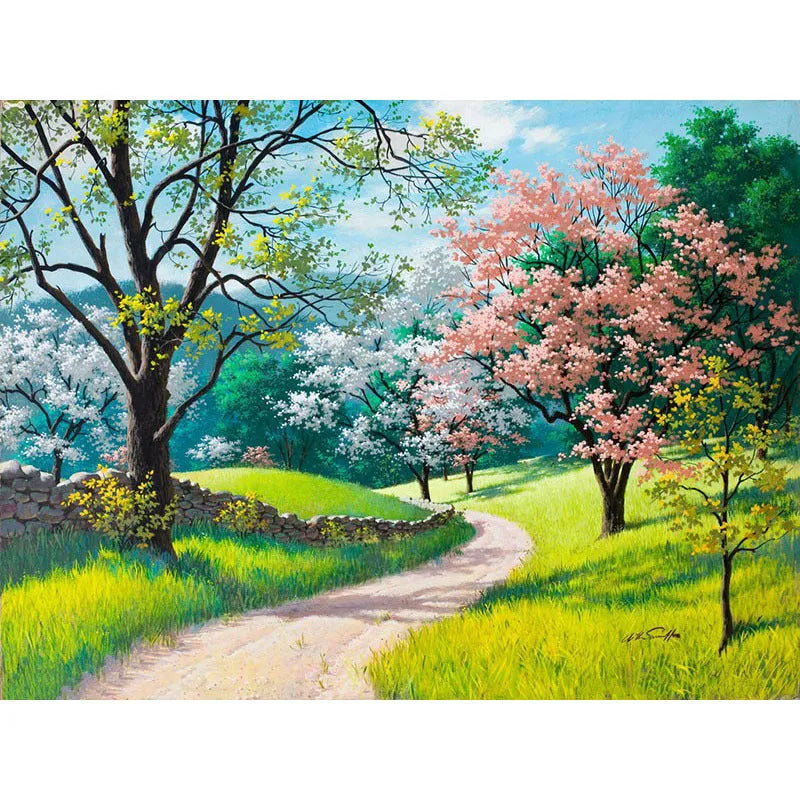 DIY Paint by Numbers kit showing 40x50cm linen canvas with landscape design, acrylic paints, and optional wooden stretcher frame.