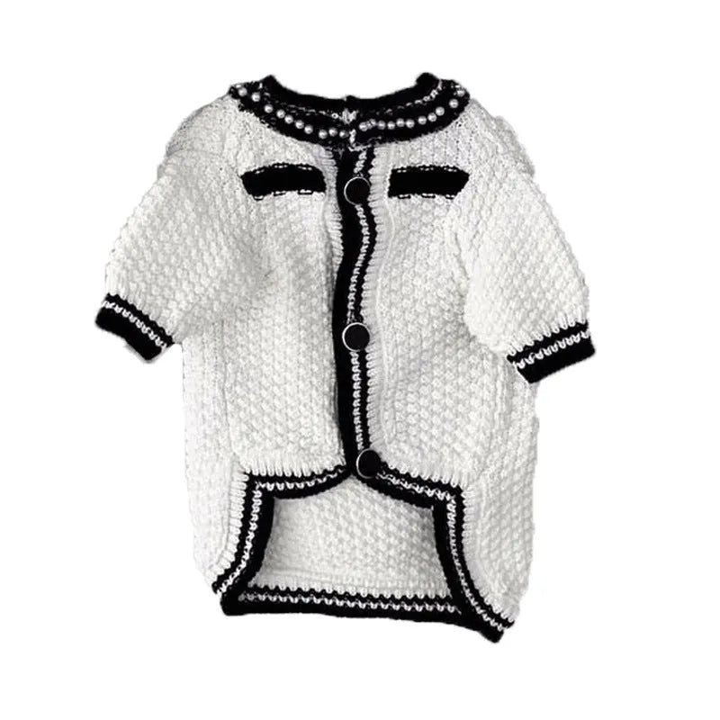 Korean style dog sweater with pearl trim collar in black or white colour for small dogs