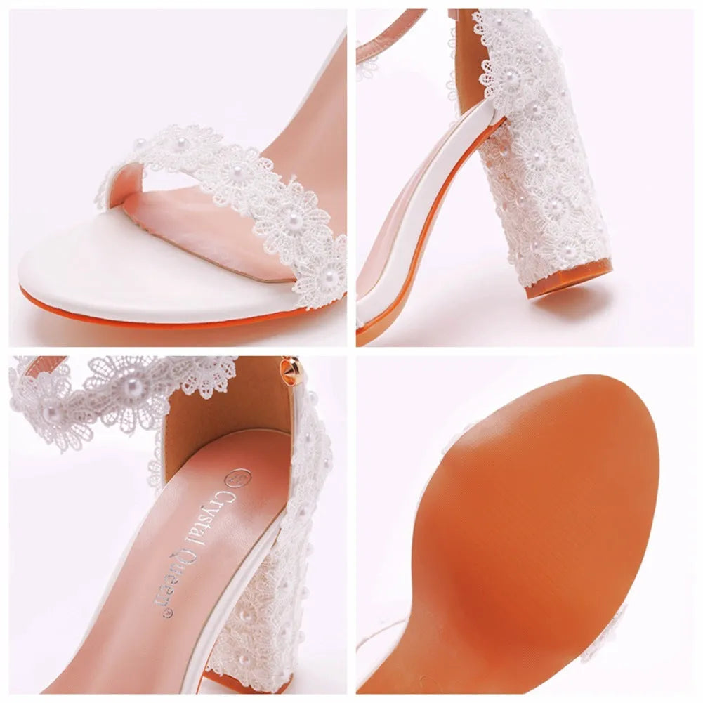 White square heel sandals with beaded shallow mouth and PU upper, shown in 4cm and 9cm heel options