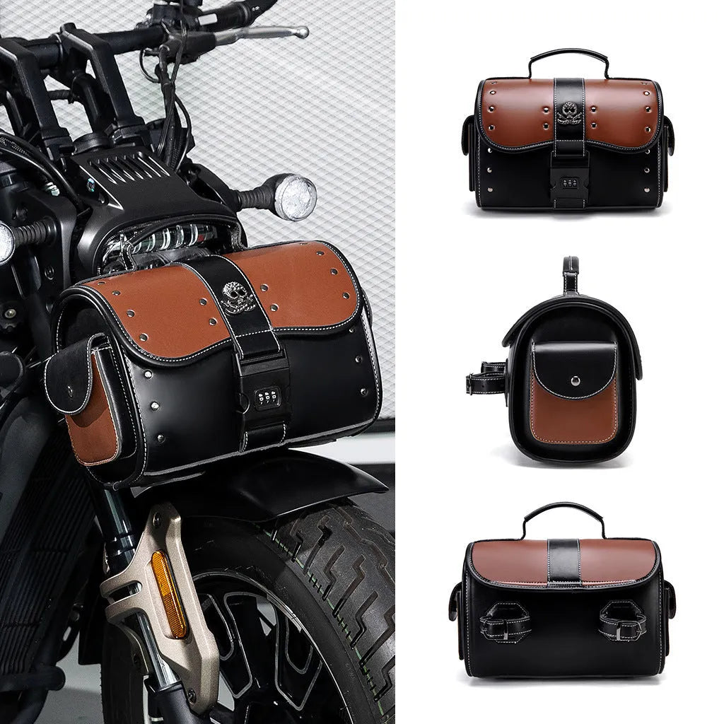 PU leather motorcycle front bag with colour contrast patchwork design mounted on vehicle