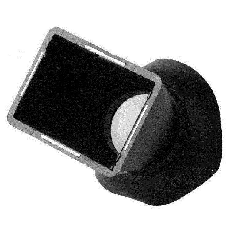 Black camera LCD framing amplifier with magnifying lens attached to a DSLR, showing the 180-degree adjustable hinge.