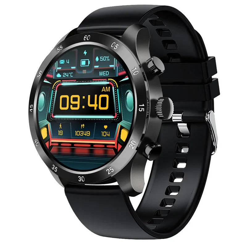 Black smart watch with Bluetooth calling and touch screen on a steel bracelet strap.