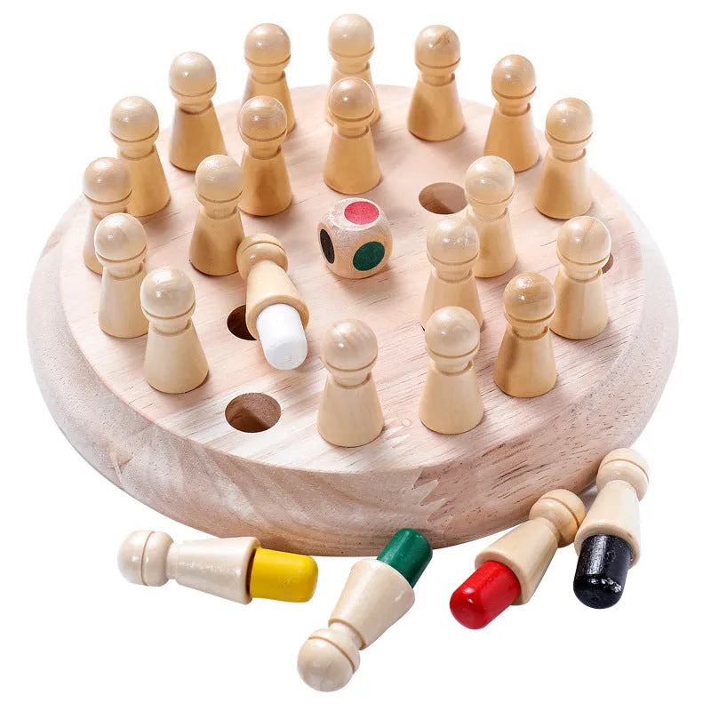 Children's beech wood memory chess game with board, pieces, and storage box for colour recognition learning.