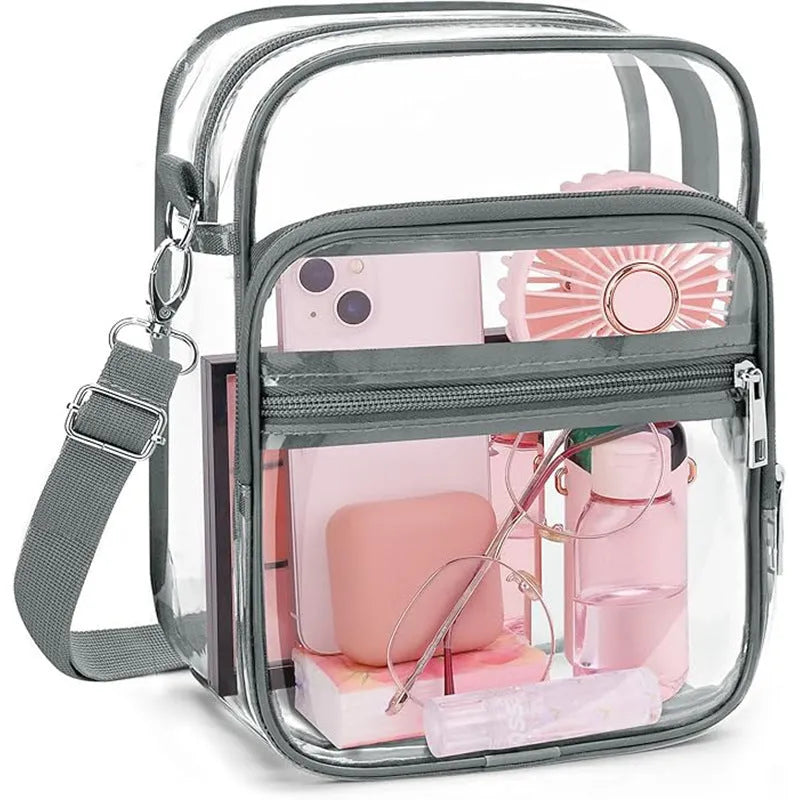 Black waterproof PVC cube style crossbody bag showing dimensions and crossbody strap.