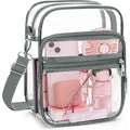 Black waterproof PVC cube style crossbody bag showing dimensions and crossbody strap.