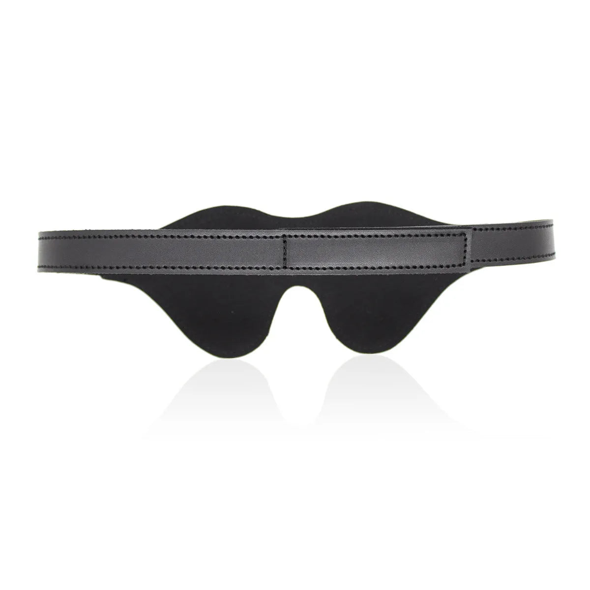 Women's black leather eye mask with 3D shape, Velcro strap, and metal rivet details.