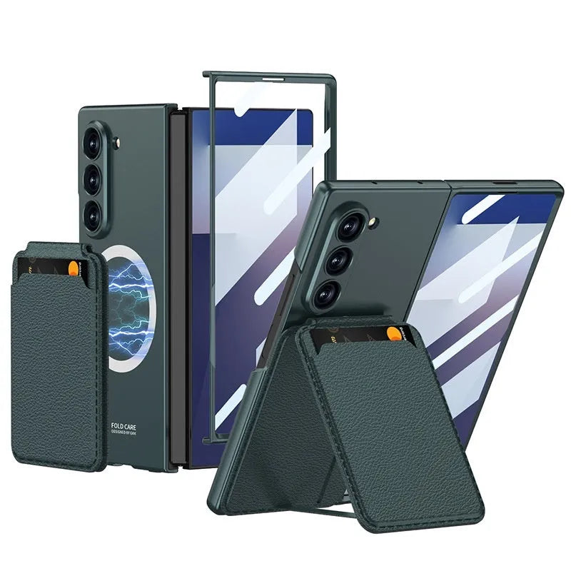 Samsung SMFold7 hard phone case with detachable card holder, bracket, and magnetic suction in Black