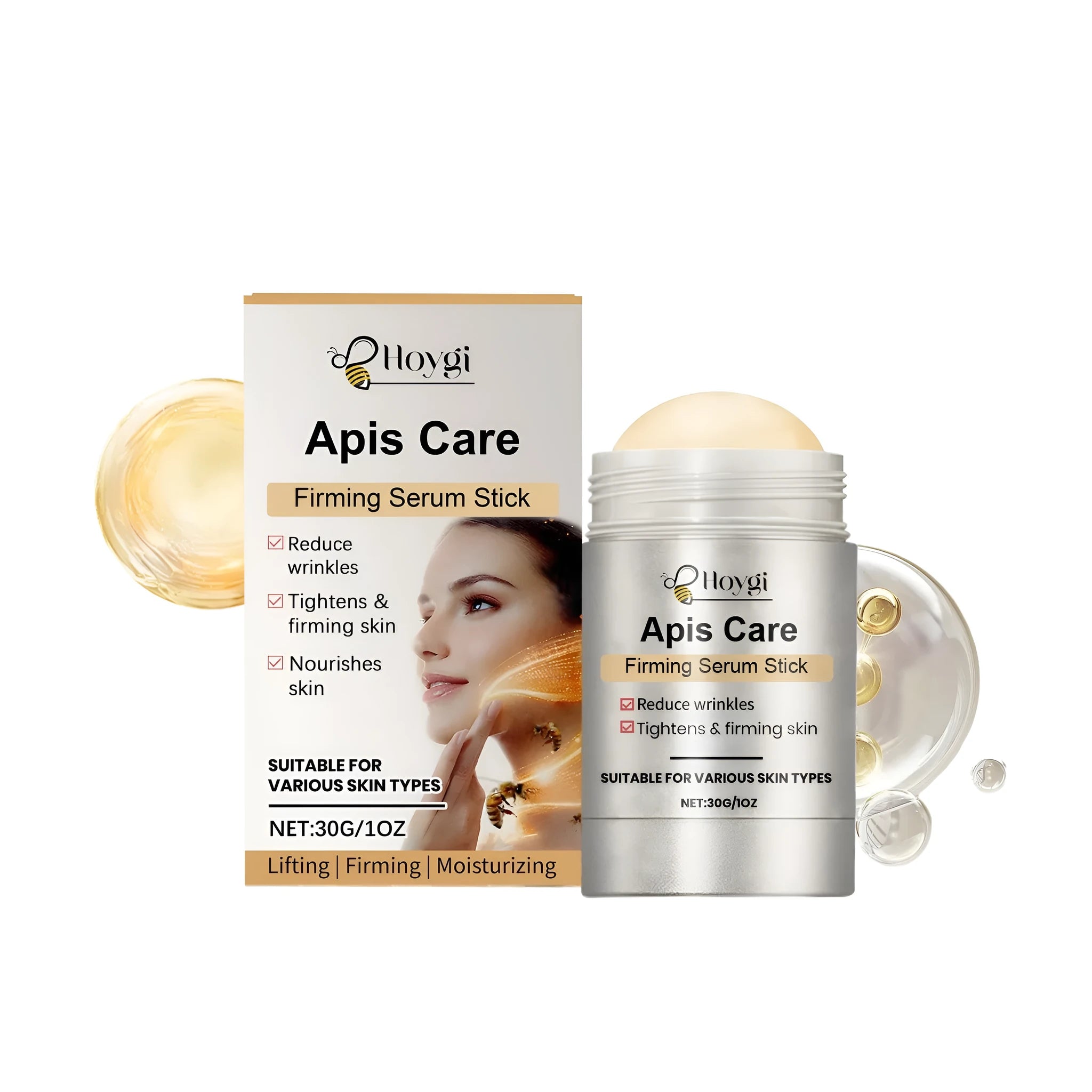 30g tightening rod facial essence stick with twist-up applicator showing collagen and bee venom formula