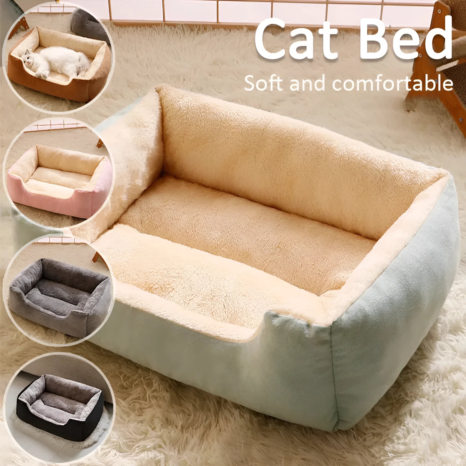 Short plush rectangular pet bed for cats and dogs with a removable cover in grey, shown in a large size.