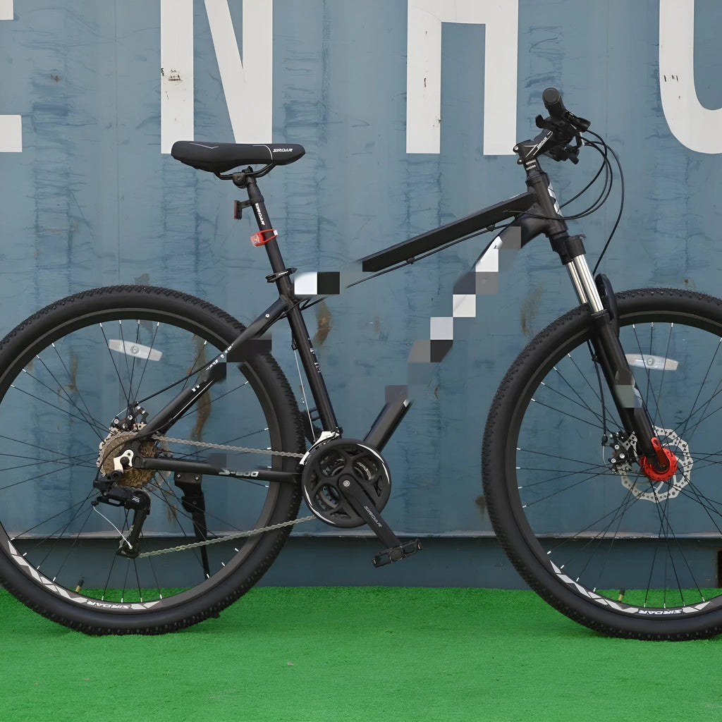 Black aluminium alloy hardtail mountain bike 29 inch wheels double disc brakes oil gas front fork beaded pedals