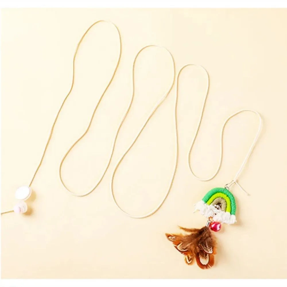 Feather cat rope door swing toy with elastic mechanism and sticky buckle clamp in blue green pink colours