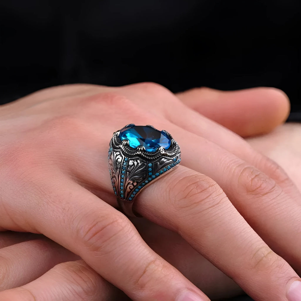 Grandmother Blue Zircon geometric couple ring in antique silver on alloy band.