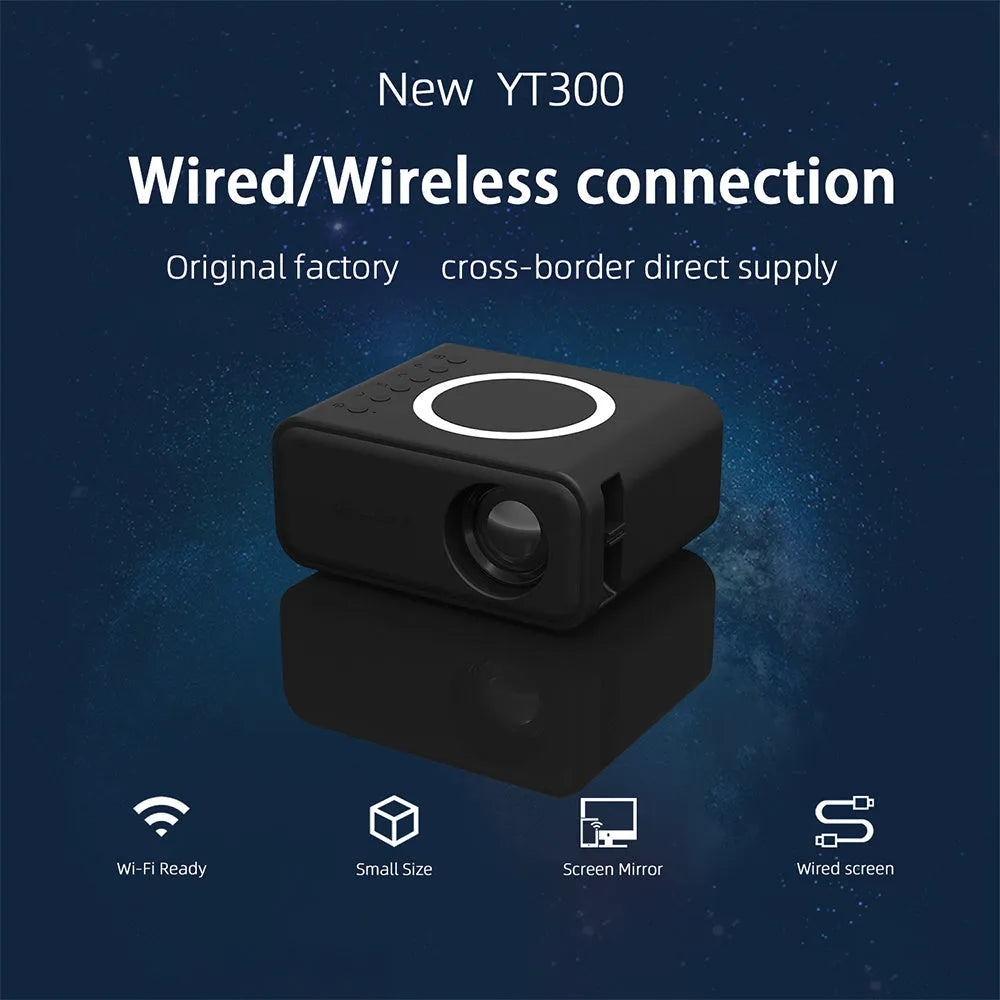 YT300 portable mini projector in black or white with remote control showing 100-inch projection capability