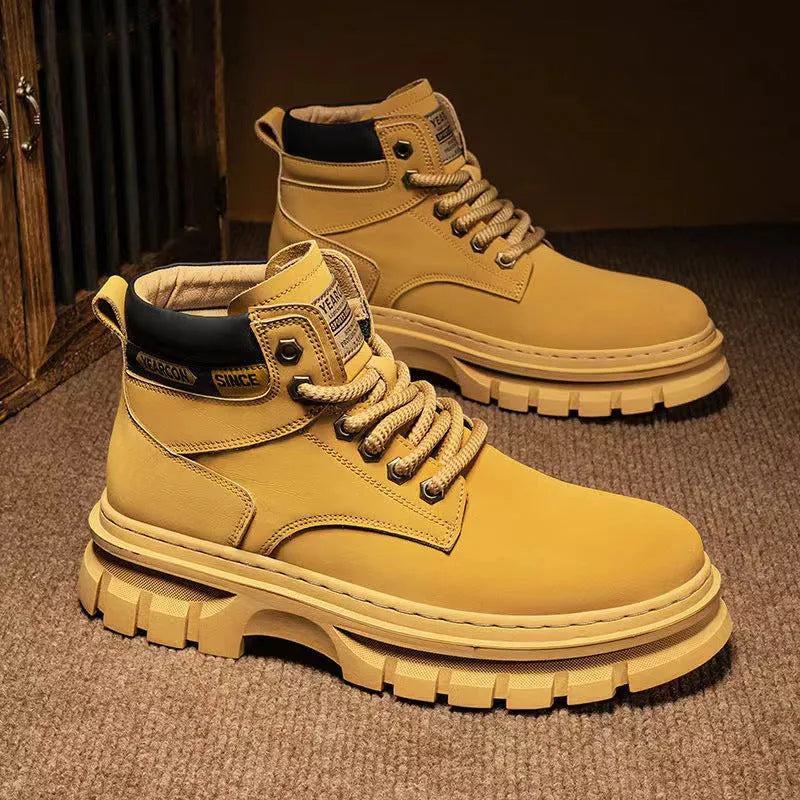 Men's high top Martin boots in YE50 Brown artificial PU leather with lace-up front and round toe on a wooden floor