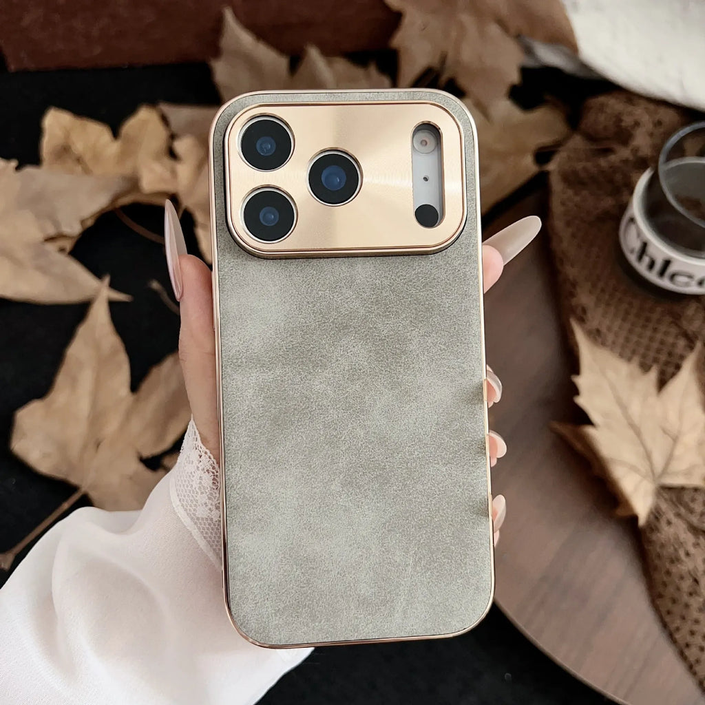 Electroplated phone case with metal frame and lambskin back in classic black for iPhone