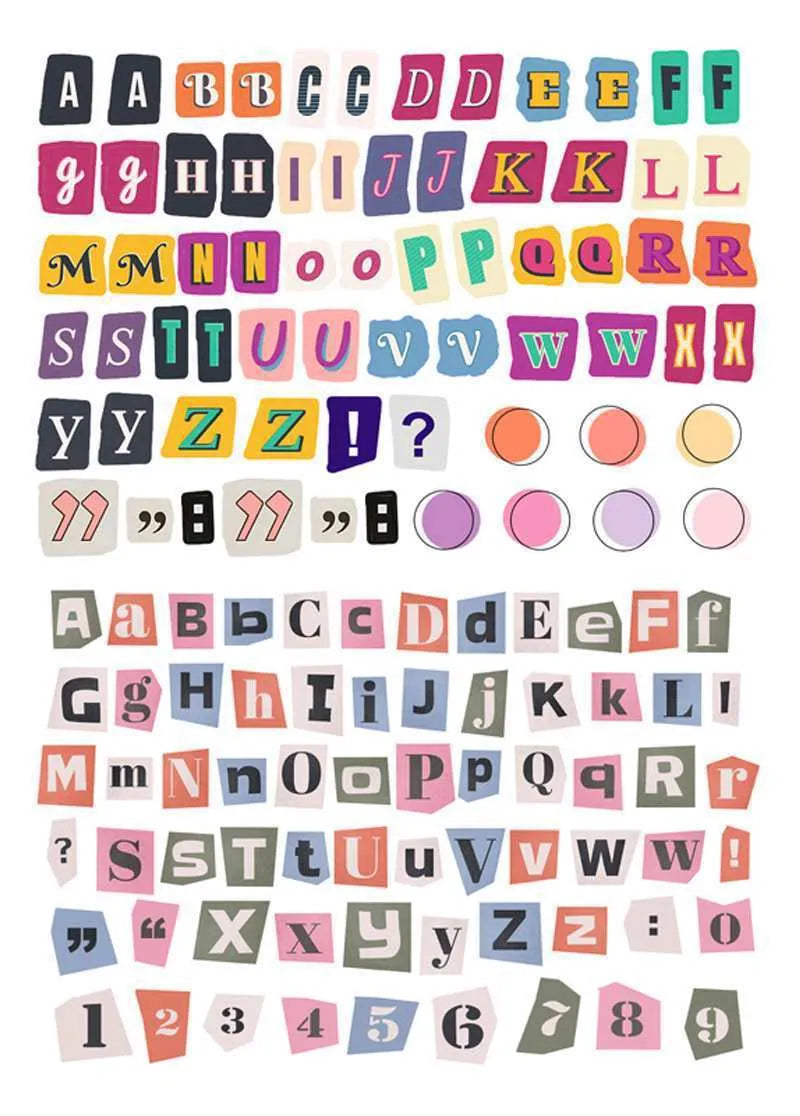 English letters and numbers symbol label sticker sheets showing alphabet sets and week words for decoration
