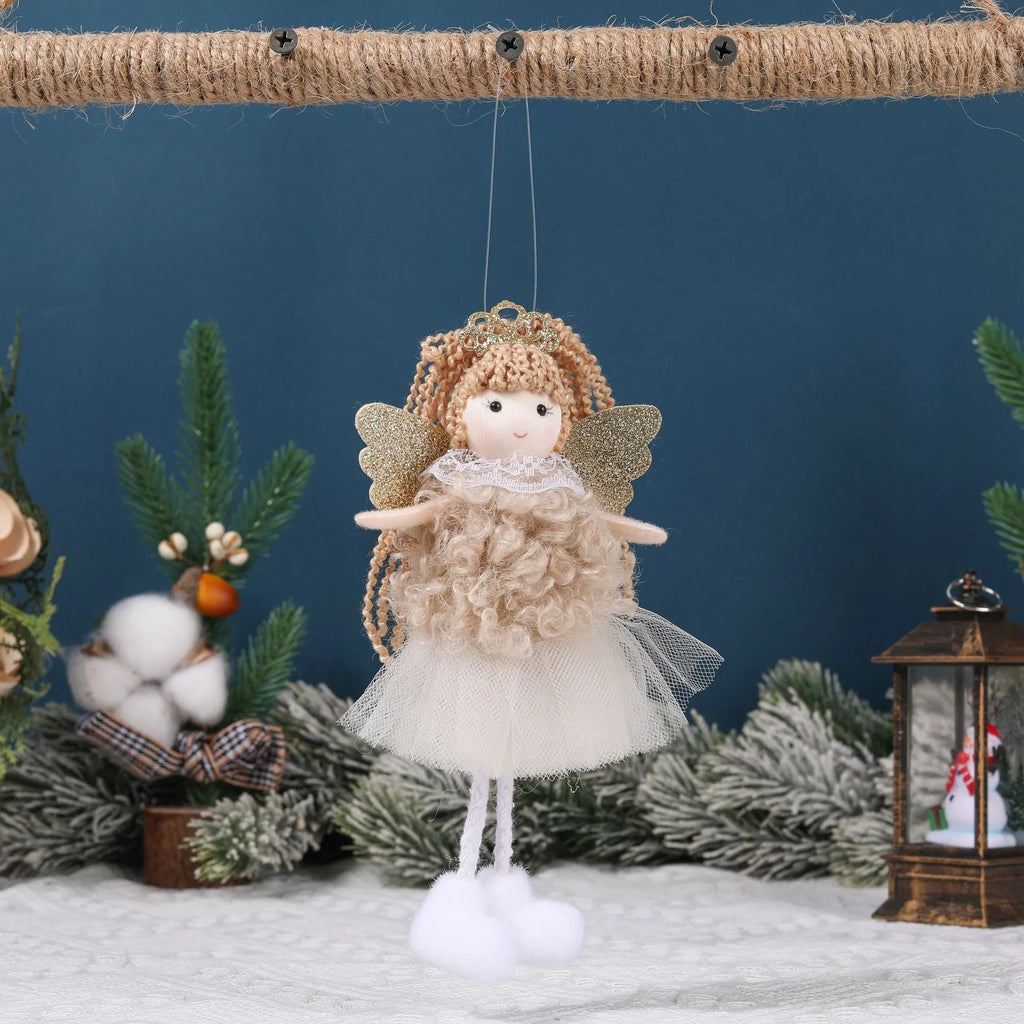 Girl's fabric Christmas angel pendant crown hair clip on a high ponytail, in white, pink, or khaki.