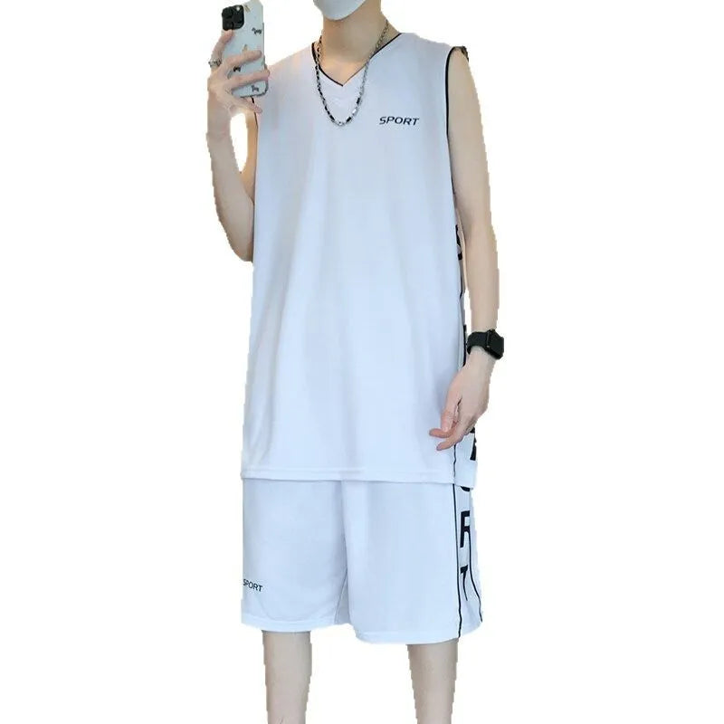 Men's basketball sports set with sleeveless vest and matching shorts in thin polyester fabric