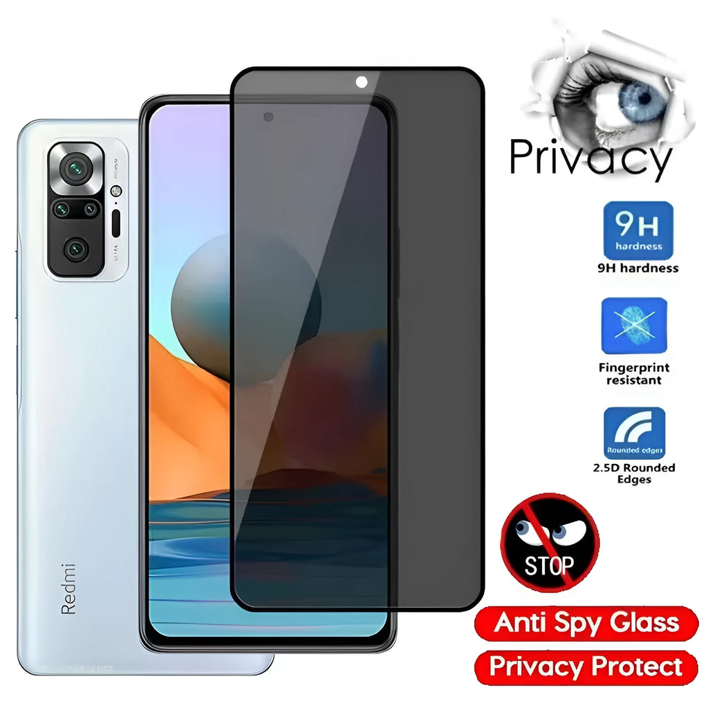 Anti-spy privacy screen protector film for Xiaomi Redmi and Poco mobile phones on a table.