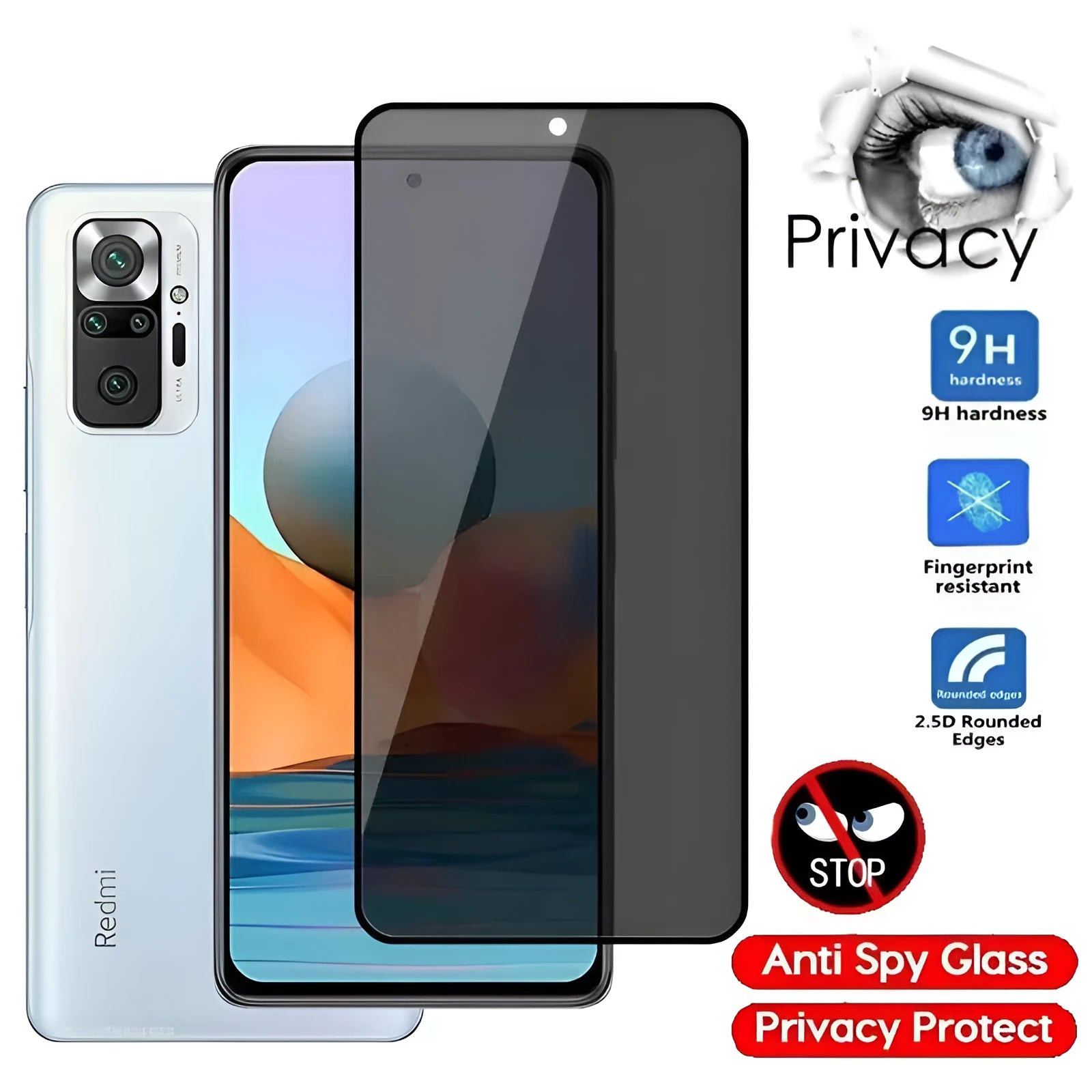 Anti-spy privacy screen protector film for Xiaomi Redmi and Poco mobile phones on a table.