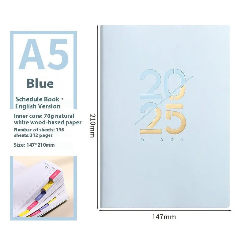 A5 2025 daily planner notebook with soft faux leather cover in multiple colours, open to show lined pages.