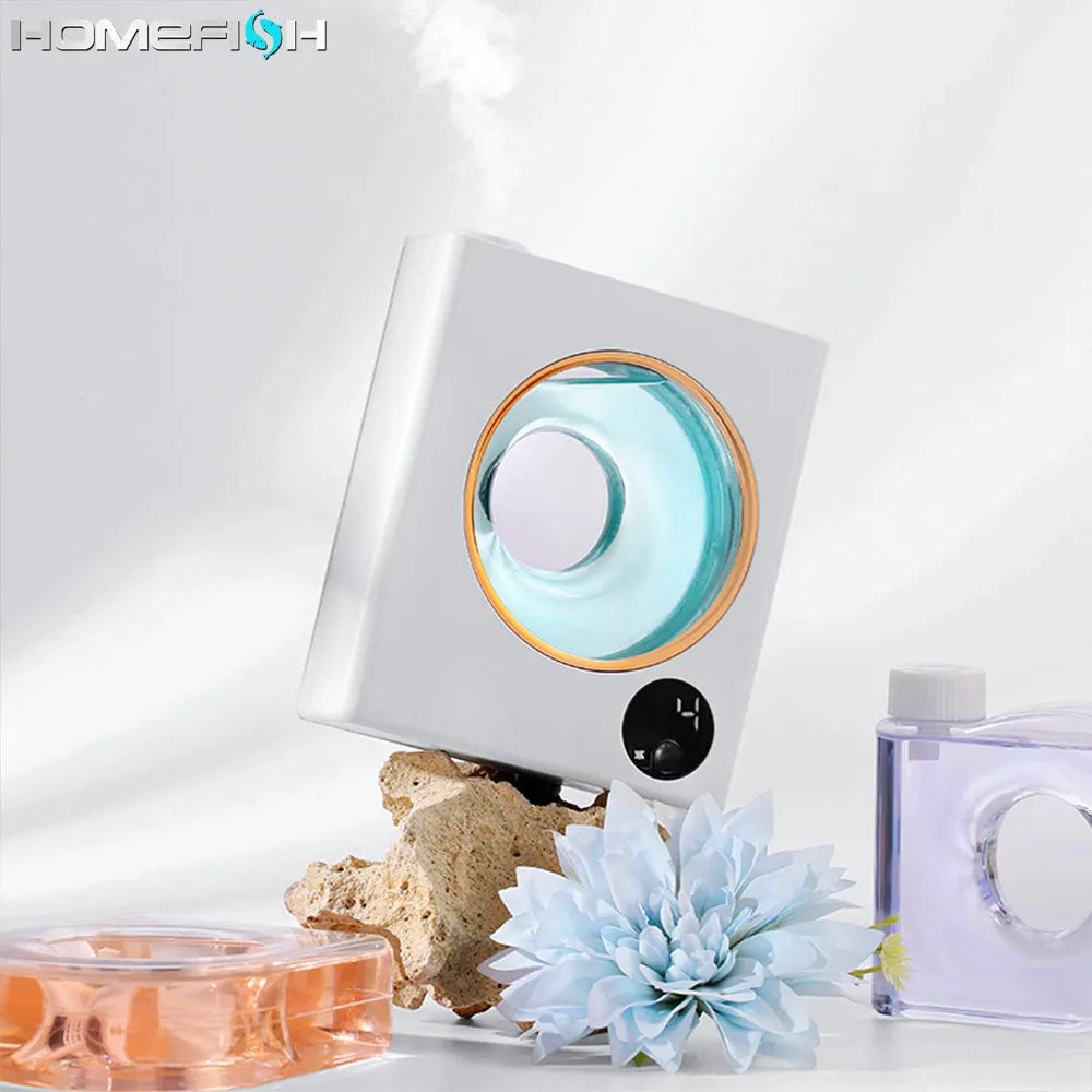 Small white automatic aromatherapy machine mounted on a wall with USB charging cable.